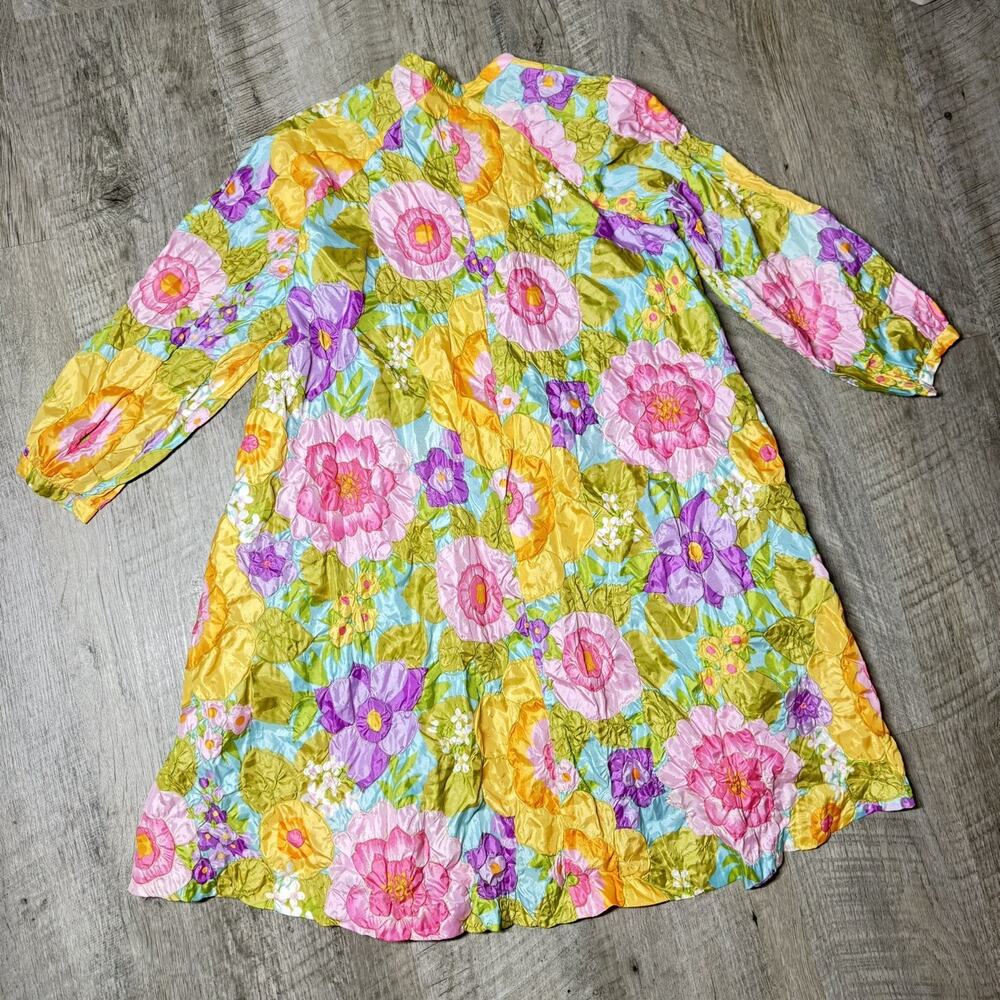 Vintage 60s 70s Mod Floral Puckered Quilted Button Front House Dress Size Small